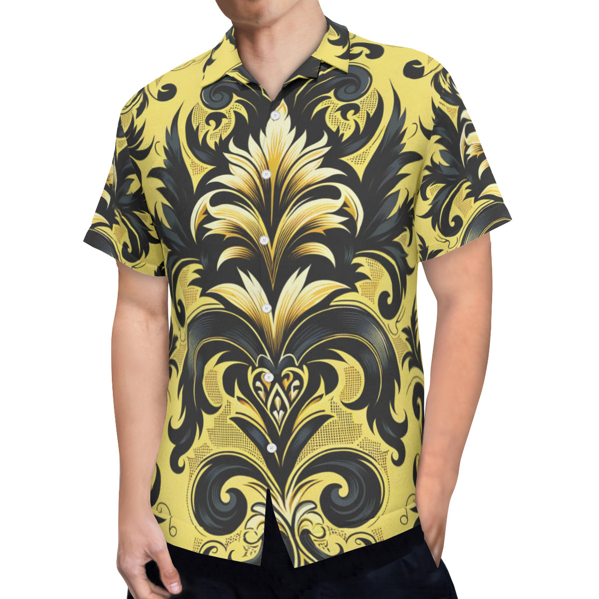 Yellow And Black Intricate Short Sleeves Men's Shirt