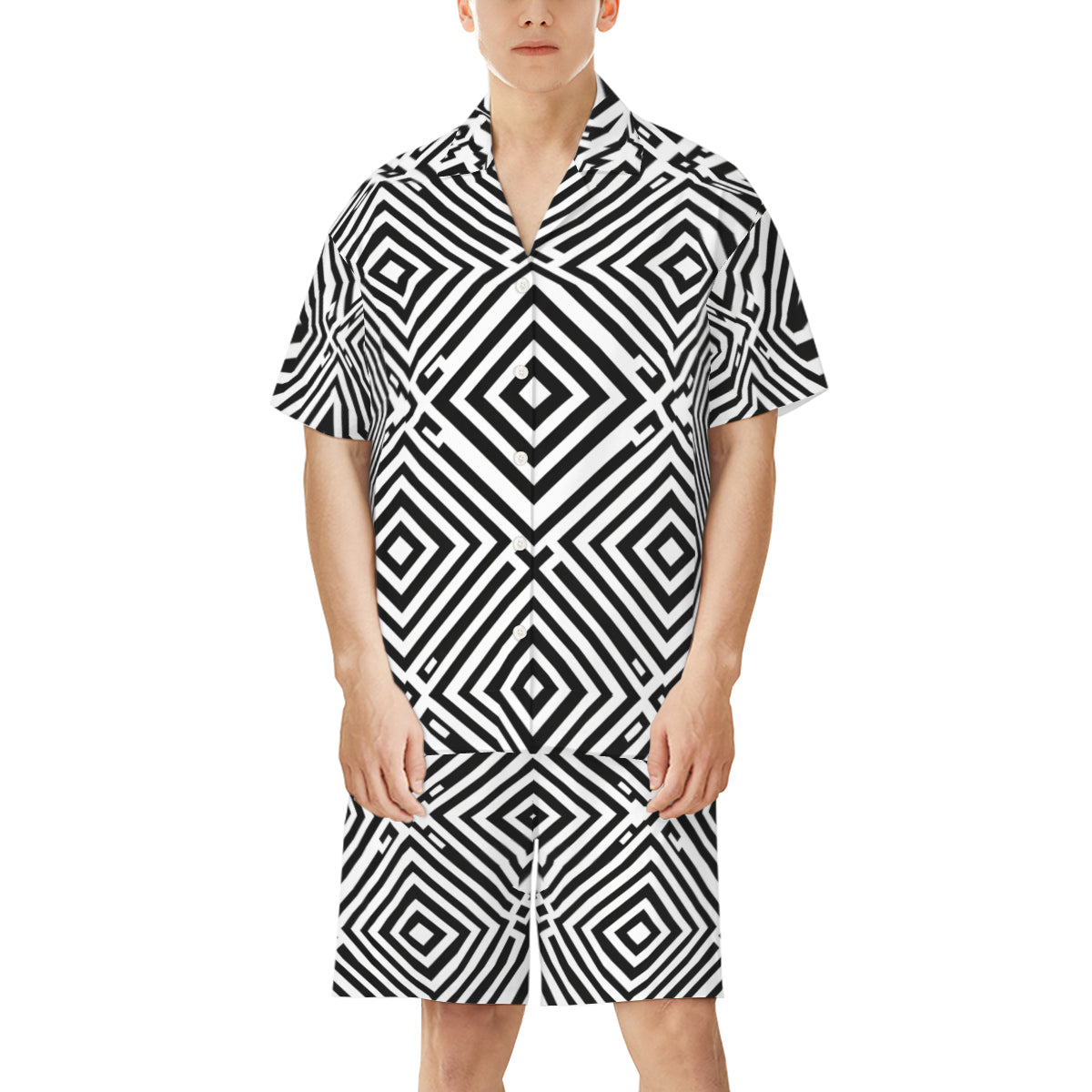 Black Geometric Shapes Men's Shirt and Shorts Set (Multi-faceted Design) | Cotton-Like Polyester