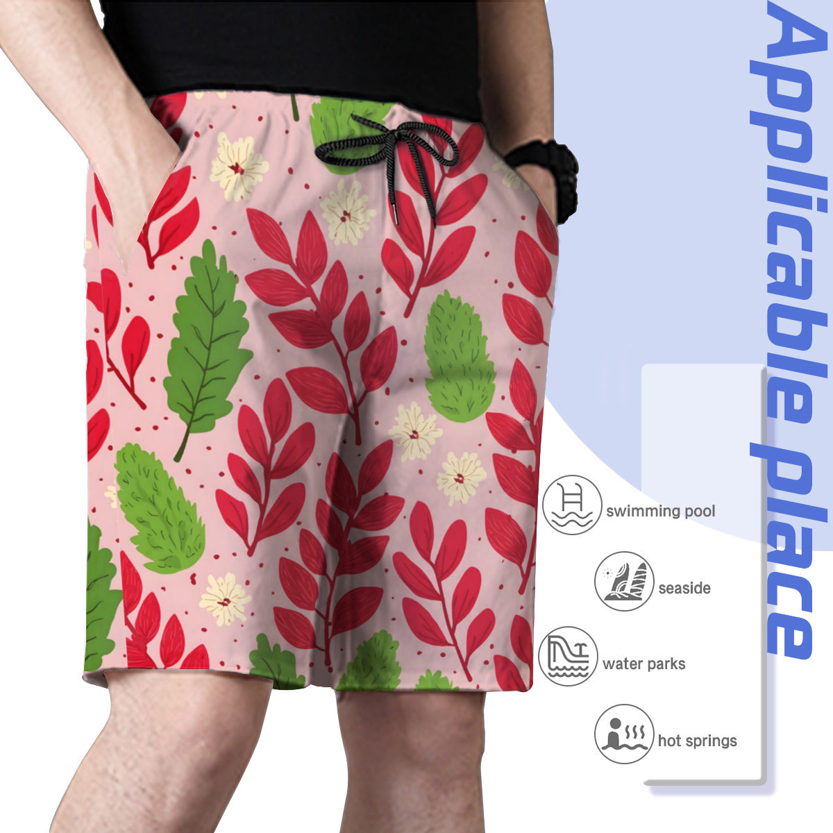 Pink Leaves Men's Beach Shorts (Not Mesh Lined) | Polyester