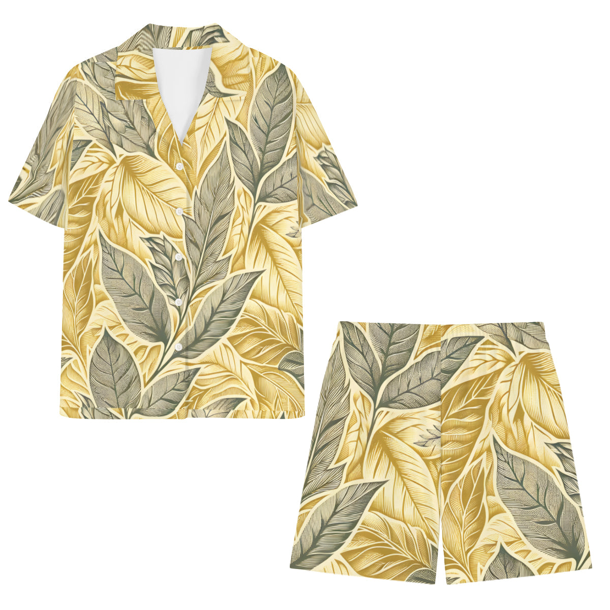 Golden Leaves Casual Shirt and Shorts (Multi-faceted Design) | Cotton-Like Polyester