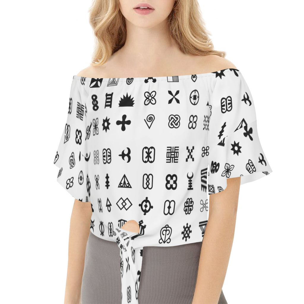 Adinkra Symbols Women's One-shoulder Tie Short Sleeves T-shirt | Polyester