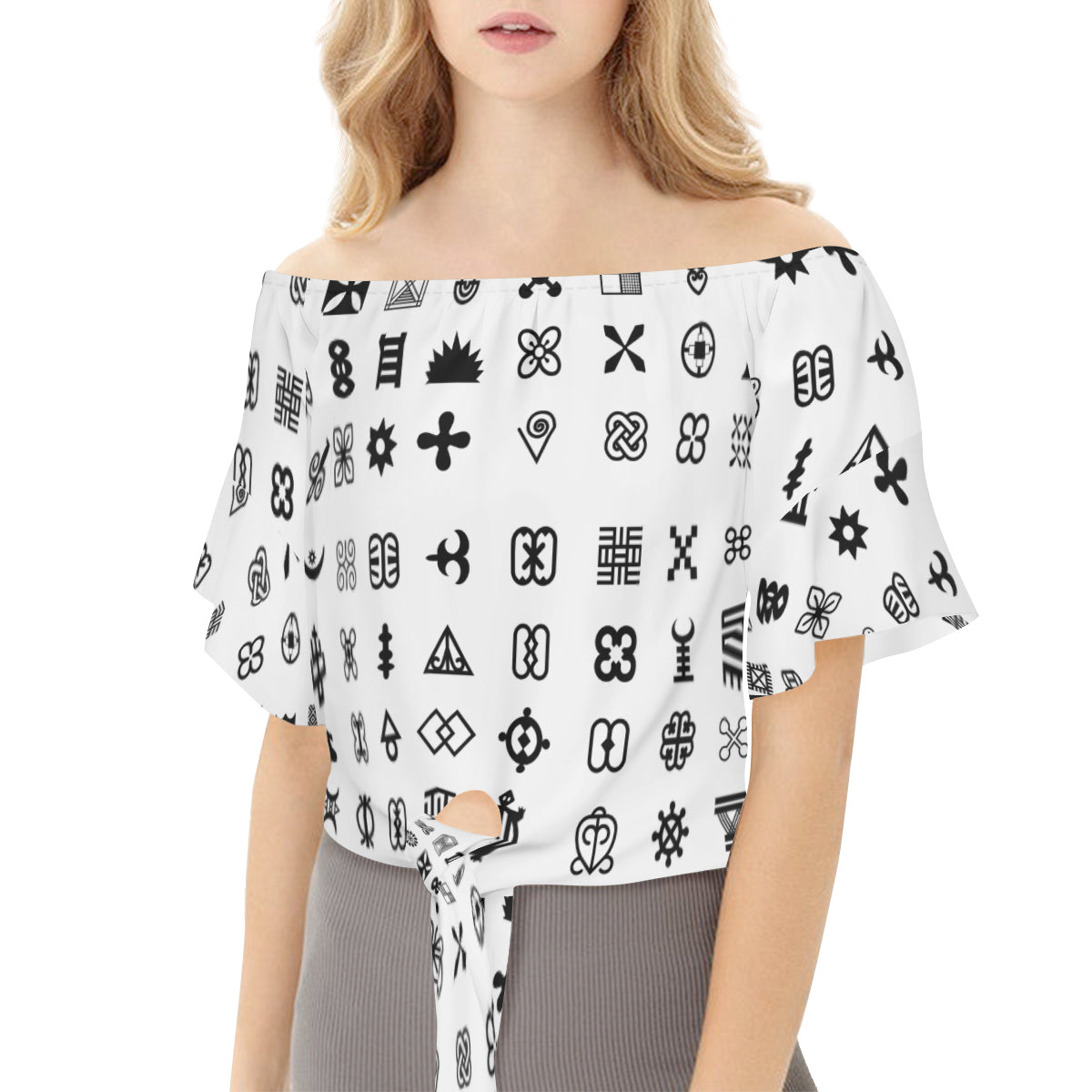 Adinkra Symbols Women's One-shoulder Tie Short Sleeves T-shirt | Polyester