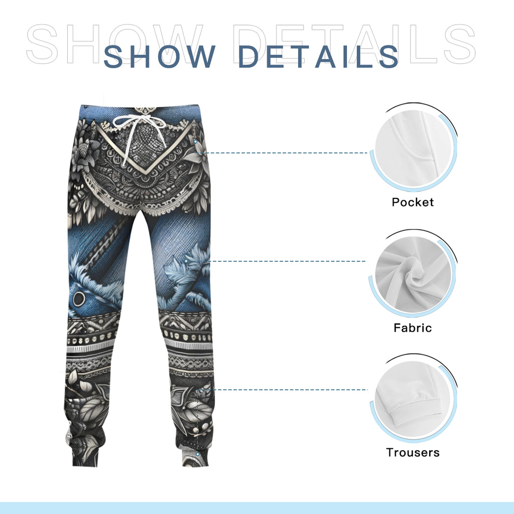 Denim And Lace Design Men's Adult Hoodie Set (Double-Layer Hood) | Health Fabric