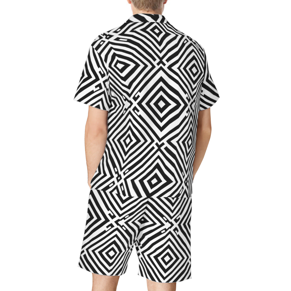 Black Geometric Shapes Men's Shirt and Shorts Set (Multi-faceted Design) | Cotton-Like Polyester