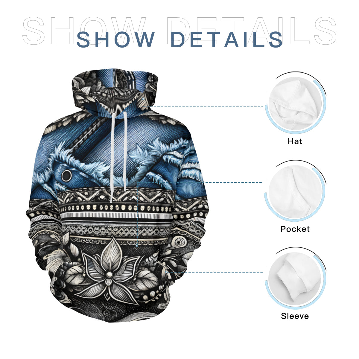 Denim And Lace Design Men's Adult Hoodie Set (Double-Layer Hood) | Health Fabric