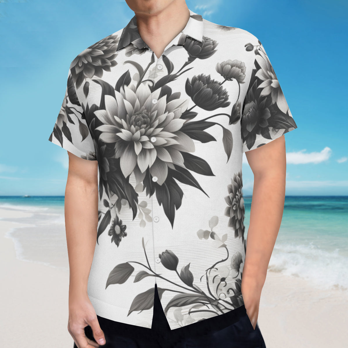 Black And White Floral Short Sleeves Men's Shirt Short Sleeves Men's Shirt