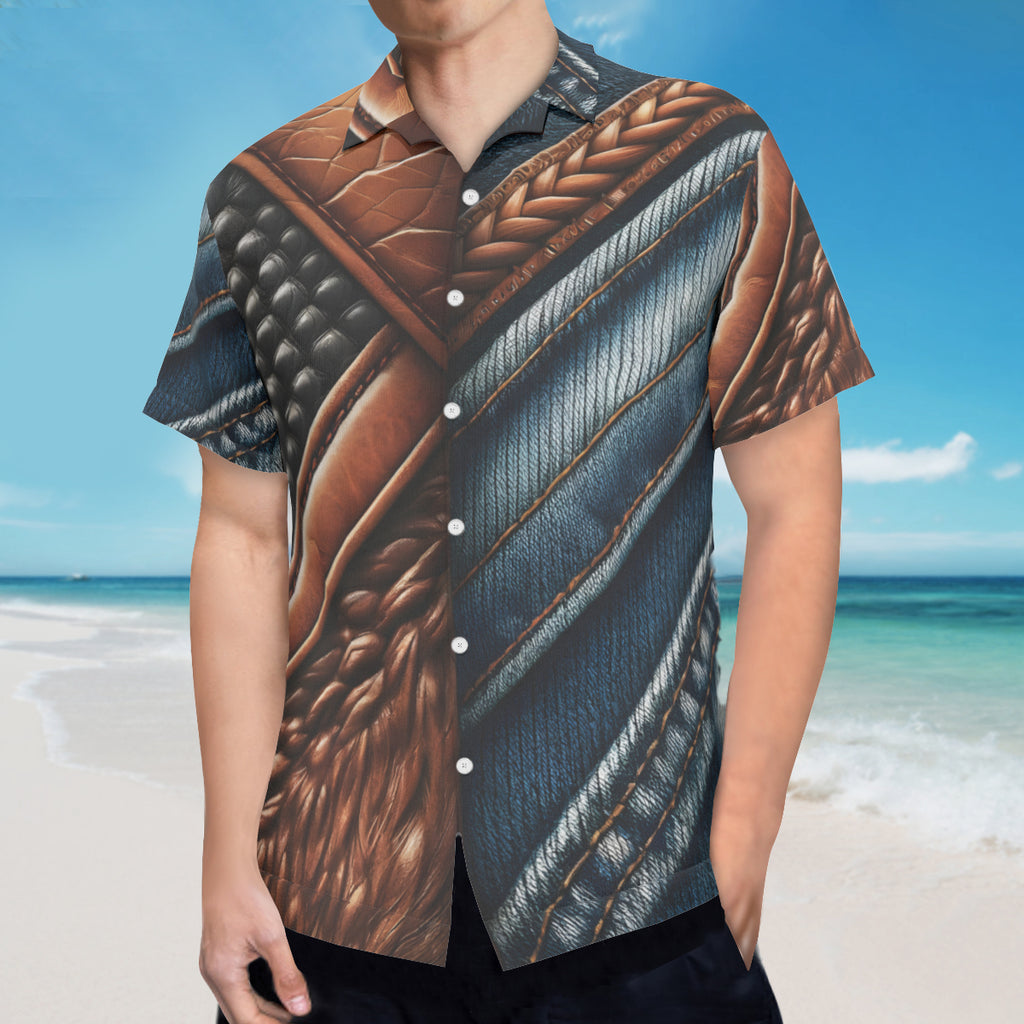 Denim And Leather Design Short Sleeves Men's Shirt