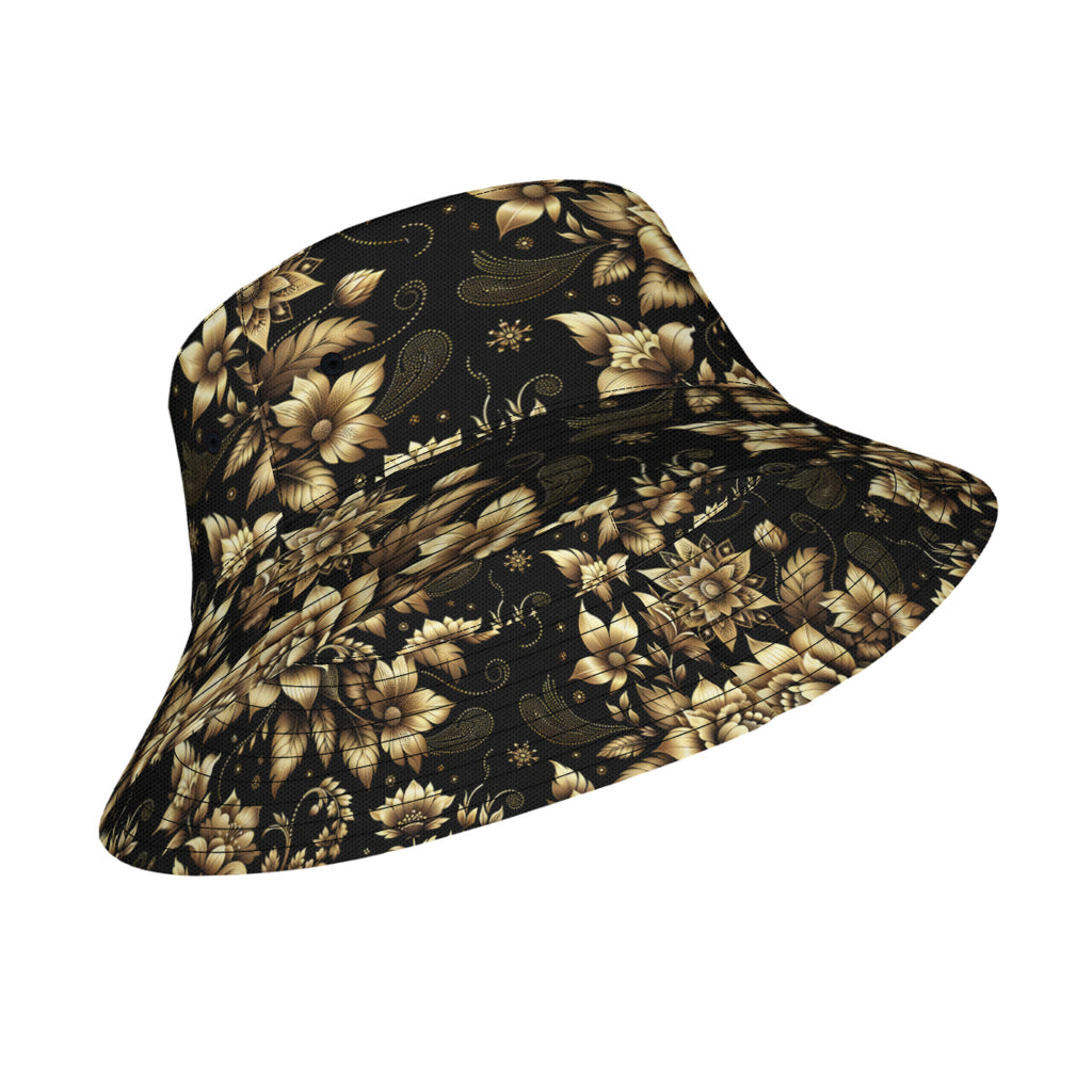 Gold Flowers Double-Sided Unisex Polyester Bucket Hat