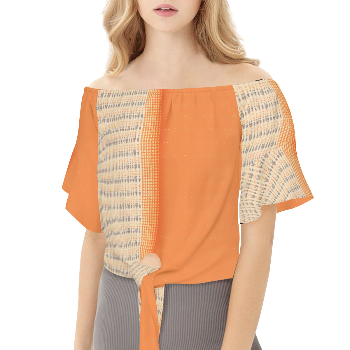 Orange Check One-Shoulder Tie Short Sleeves