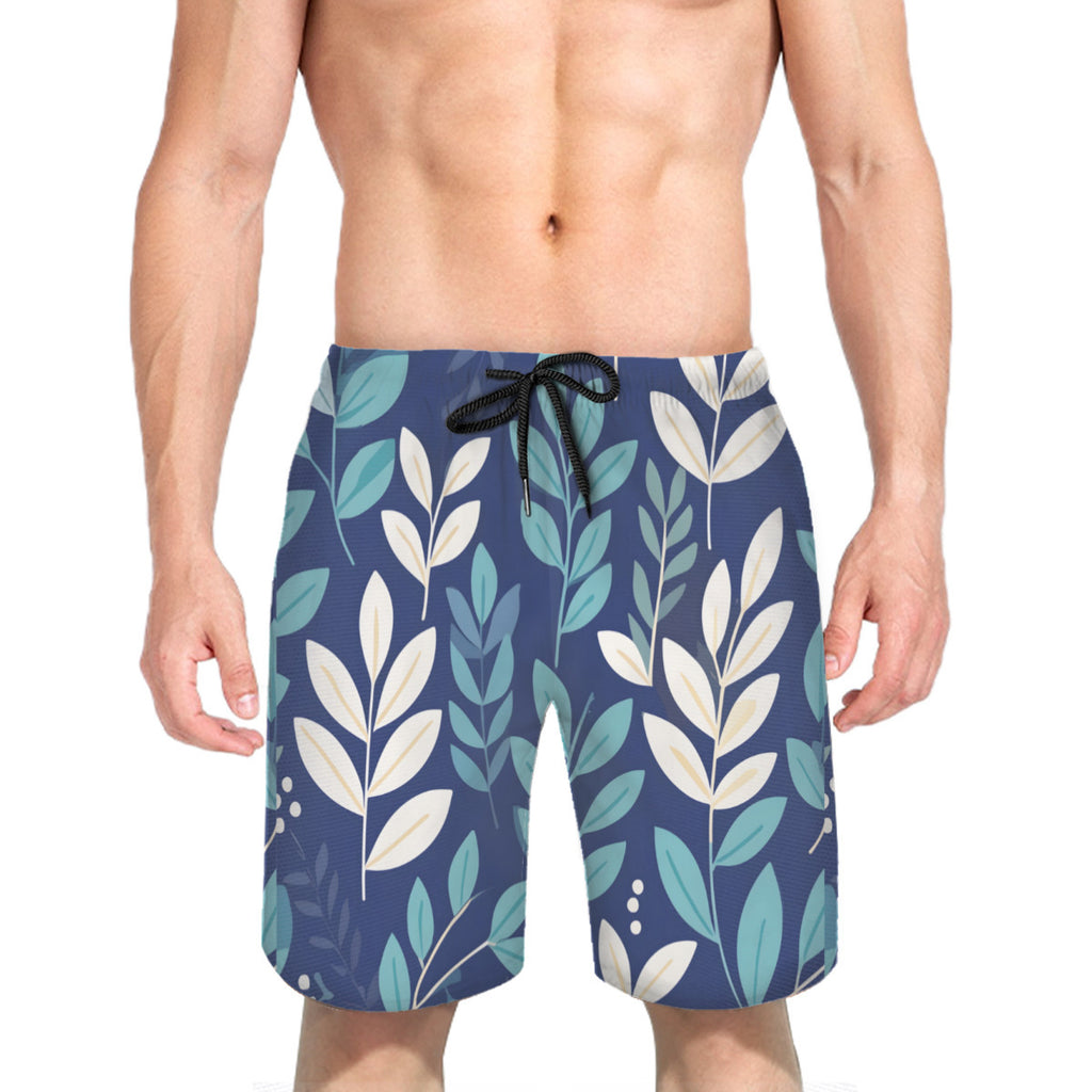 Blue Leaves Men's Beach Shorts (Not Mesh Lined) | Polyester