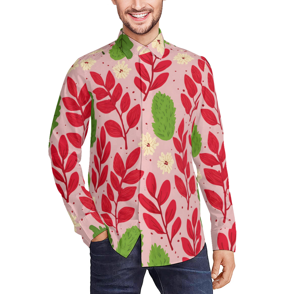 Pink Floral Men's Classic Long-Sleeved Shirt | Polyester