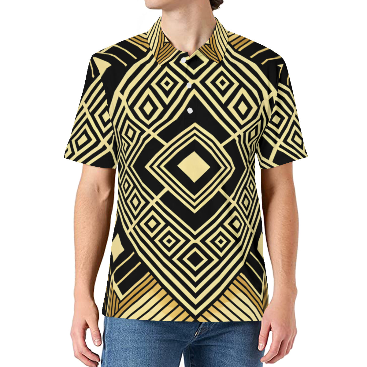 Golden Geometric Shapes Men's Premium European Size POLO Shirt | 95% Polyester+5% Spandex