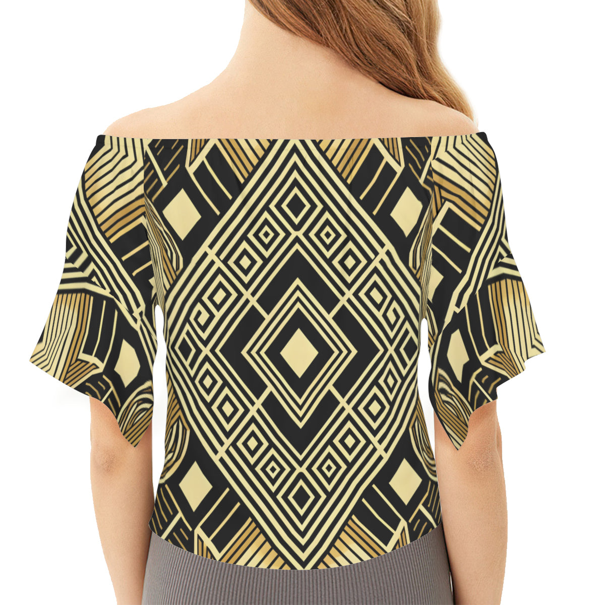 Golden Geometric Shapes Women's One-Shoulder Tie Short Sleeves Polyester Top