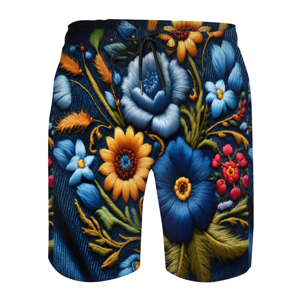Floral Denim Men's Beach Shorts (Not Mesh Lined) | Polyester