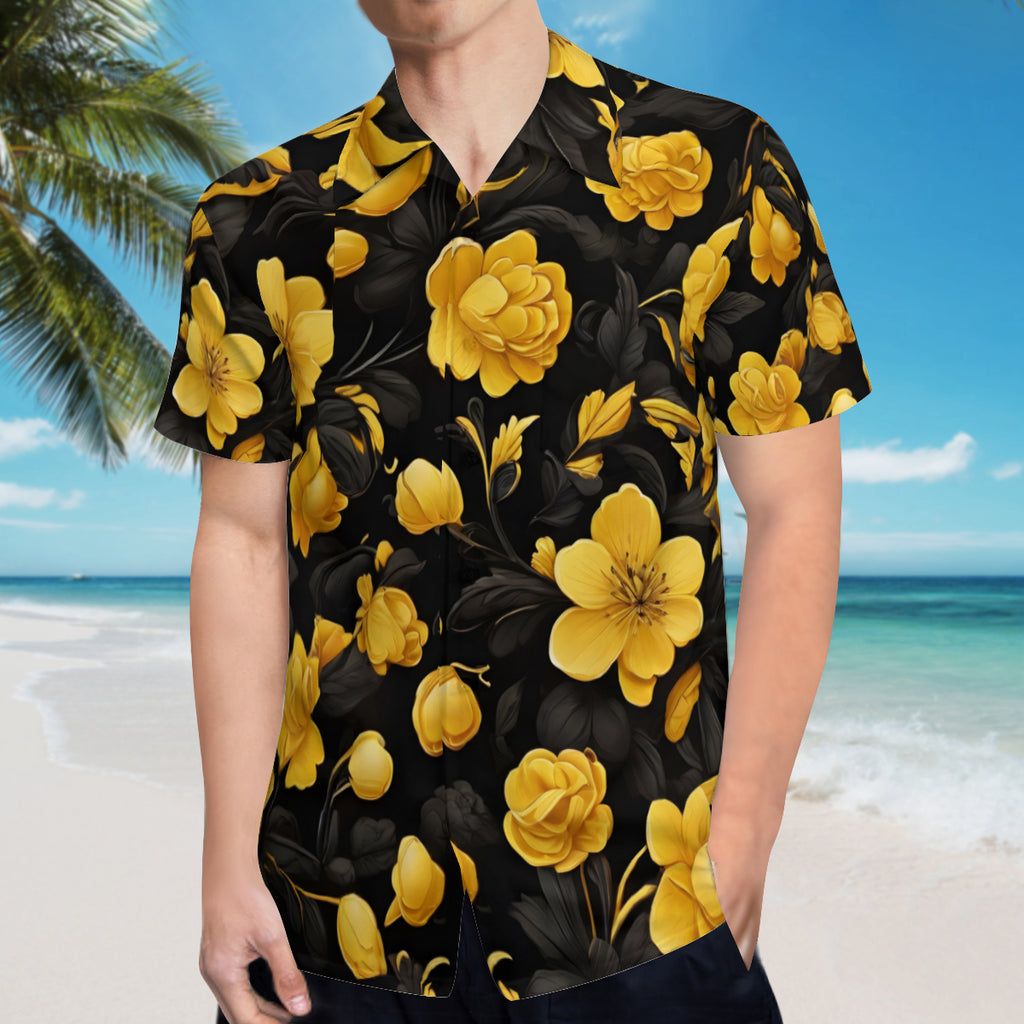 Yellow And Black Floral Short Sleeves Men's Shirt