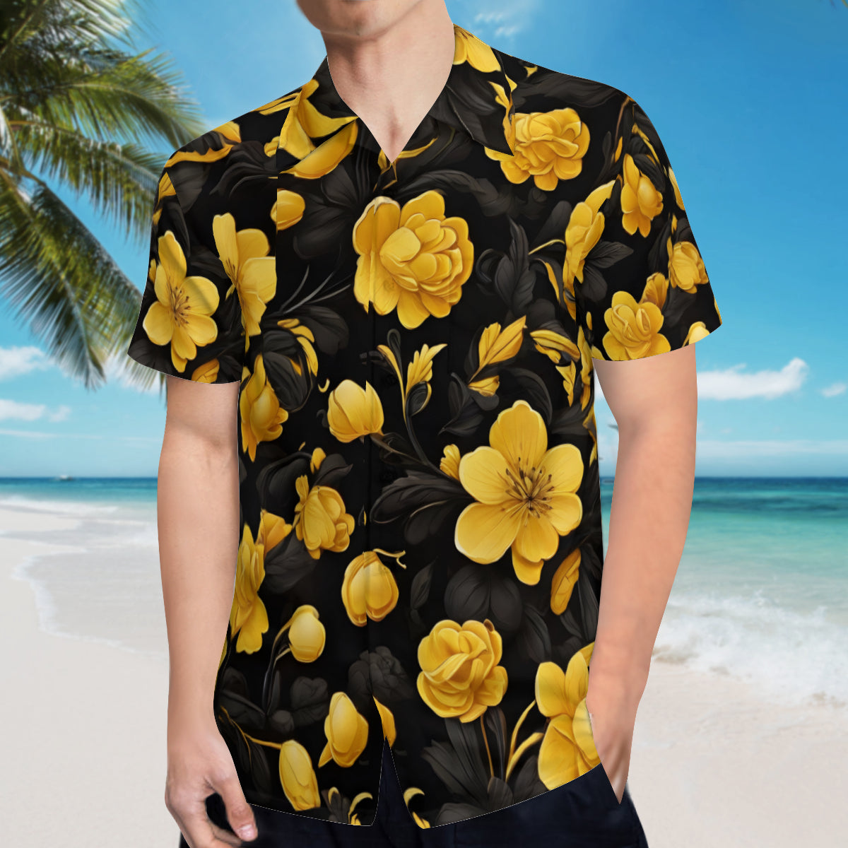 Yellow And Black Floral Short Sleeves Men's Shirt