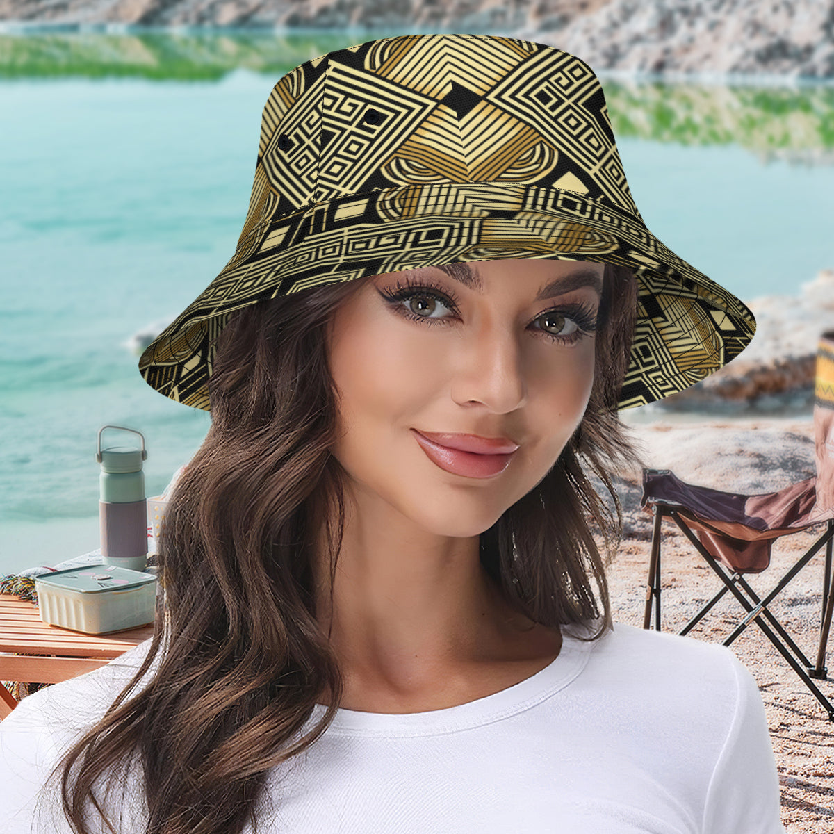 Golden Geometric Shapes Double-Sided Unisex Polyester Bucket Hat