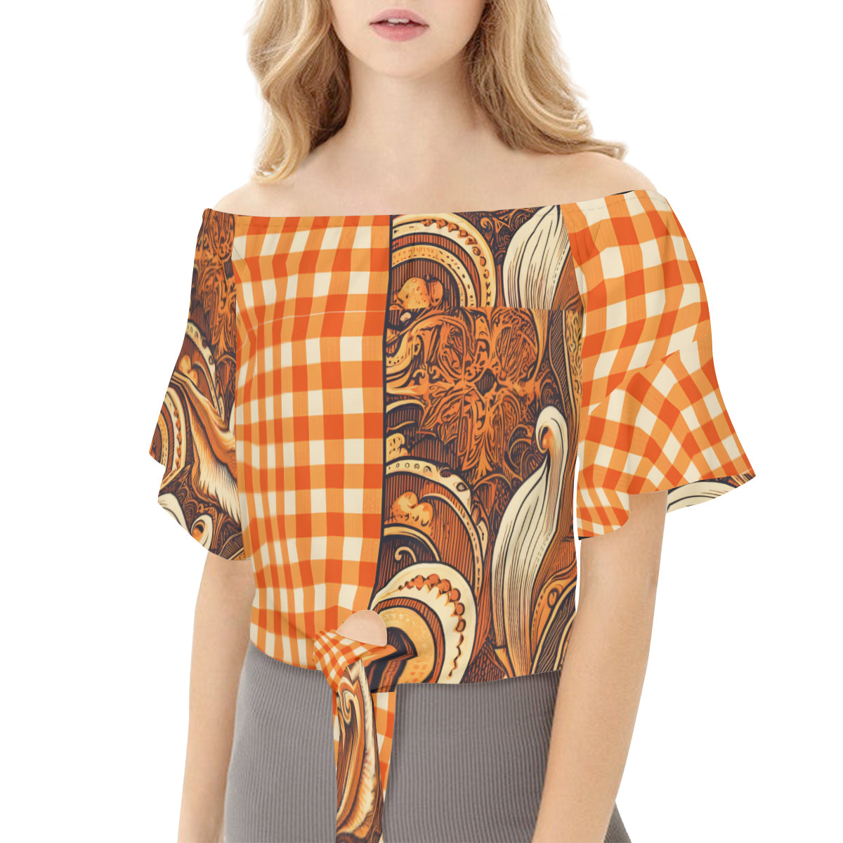 Orange Check One-Shoulder Tie Short Sleeves
