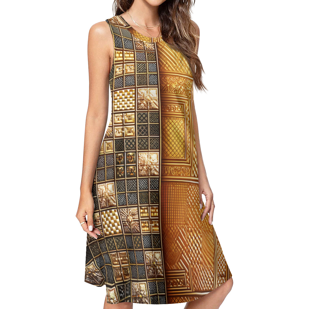 Golden Check Women's Casual Dress | Polyester