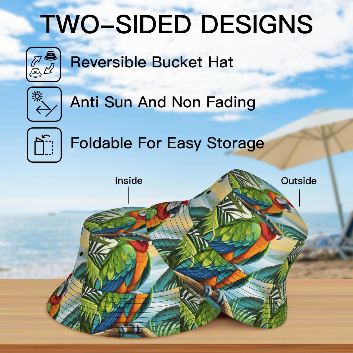 Tropical Parrot Double-Sided Unisex Polyester Bucket Hat