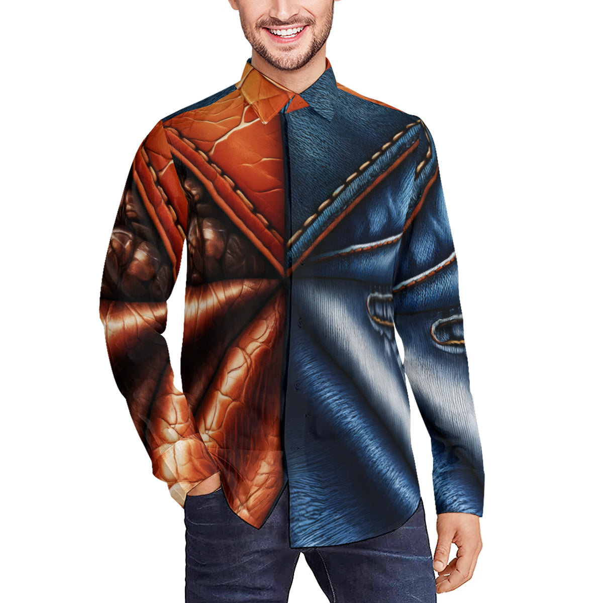 Denim And Leather Design Long Sleeves Men's Shirt