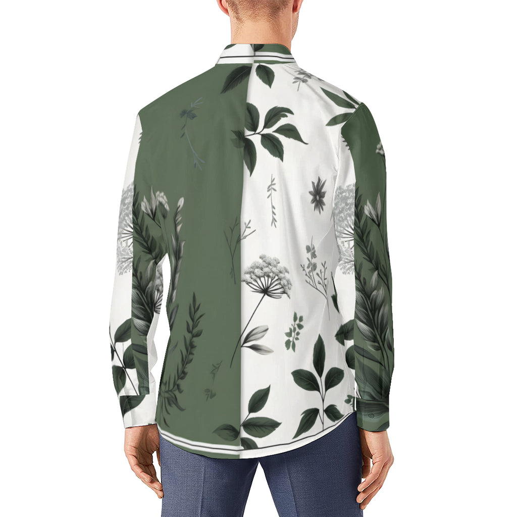 Olive Green Botanical Long Sleeves Men's Shirt