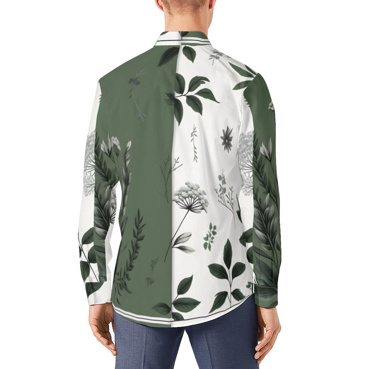 Olive Green Botanical Long Sleeves Men's Shirt