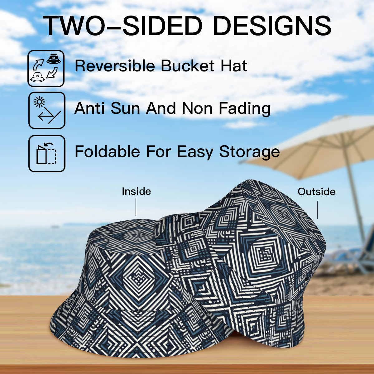 Navy Blue Geometric Shapes Double-Sided Unisex Polyester Bucket Hat