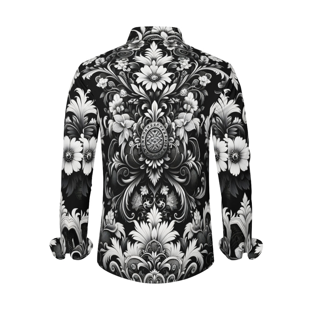 Black And White Floral Long Sleeves Men's Shirt