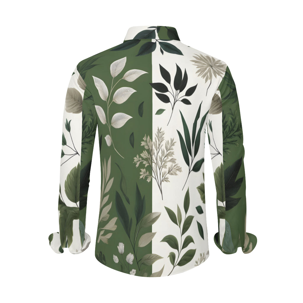 Olive Green Botanical Long Sleeves Men's Shirt