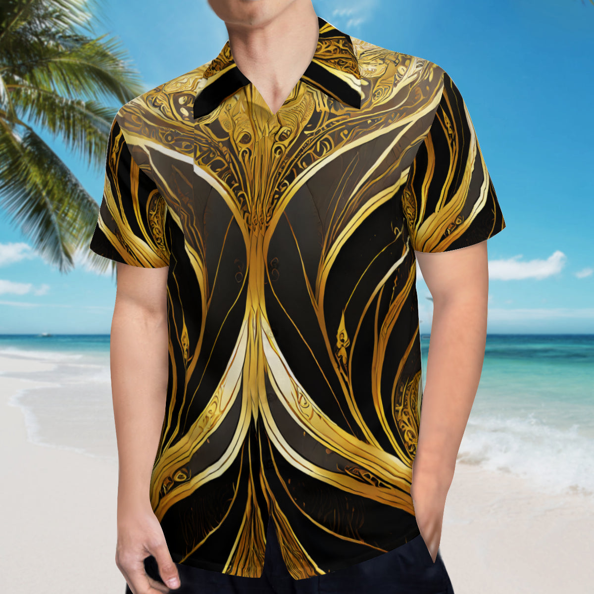 Elegant Black And Gold Short Sleeves Men's Shirt
