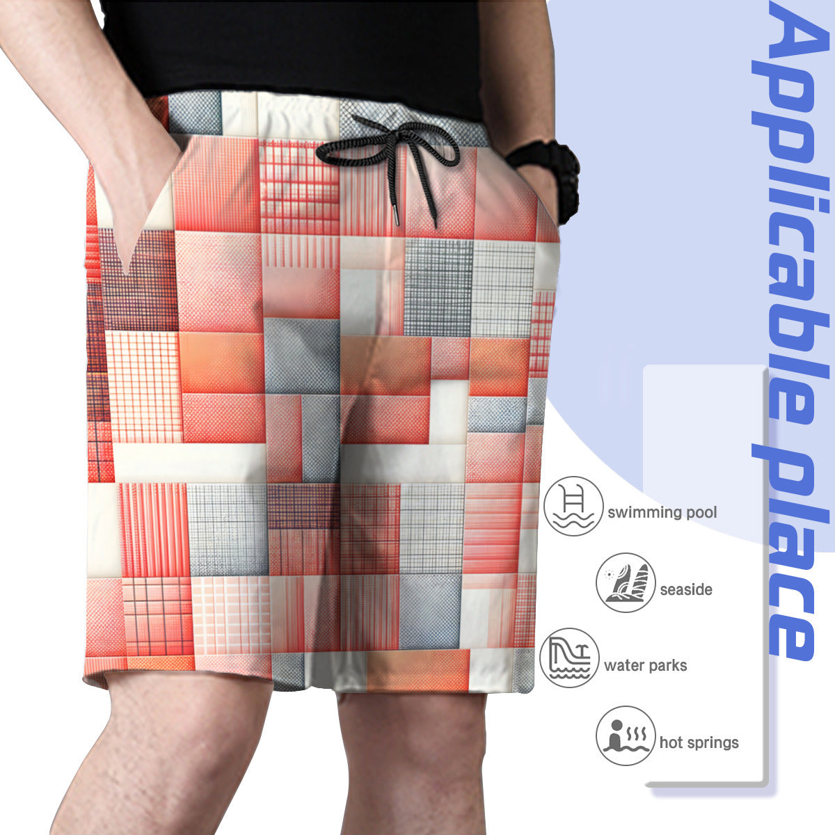 Pink Check Men's Beach Shorts (Not Mesh Lined) | Polyester