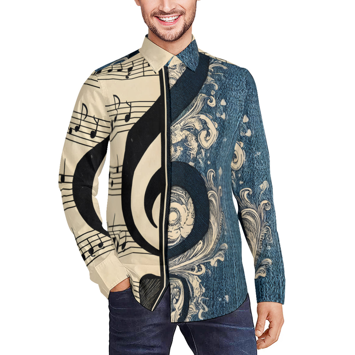 Musical Denim Design Long Sleeves Men's Shirt