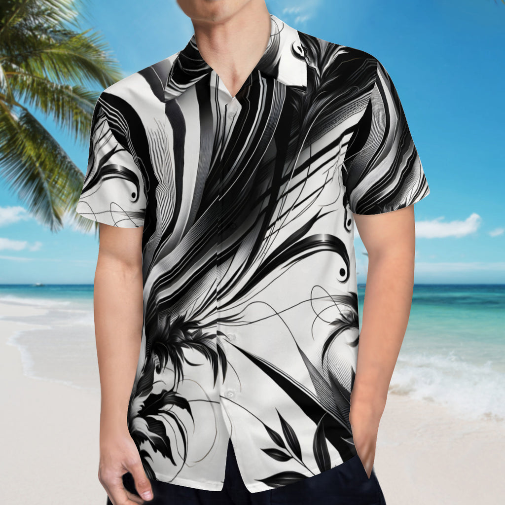 Black And White Floral Short Sleeves Men's Shirt