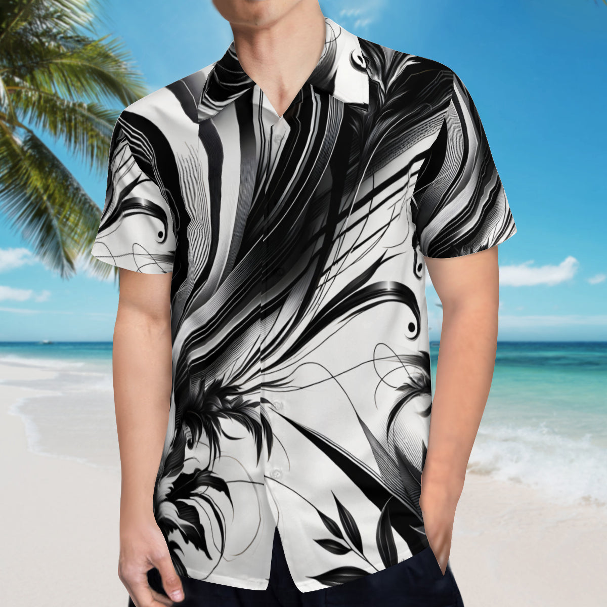 Black And White Floral Short Sleeves Men's Shirt