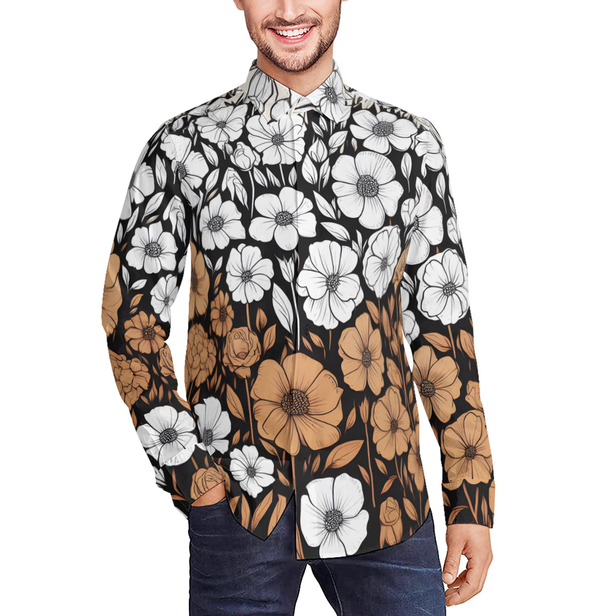 Brown And White Floral Men's Classic Long-Sleeved Shirt | Polyester