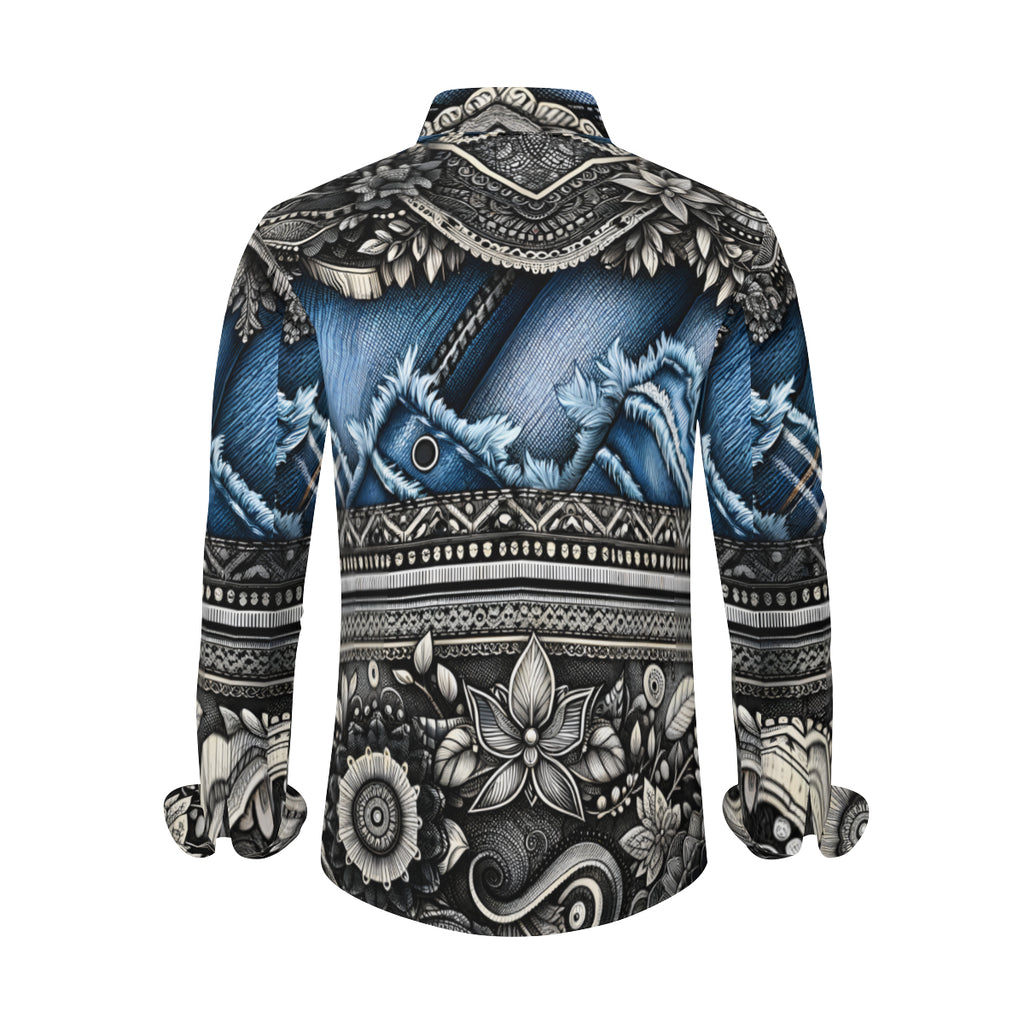 Denim And Lace Design Long Sleeves Men's Shirt