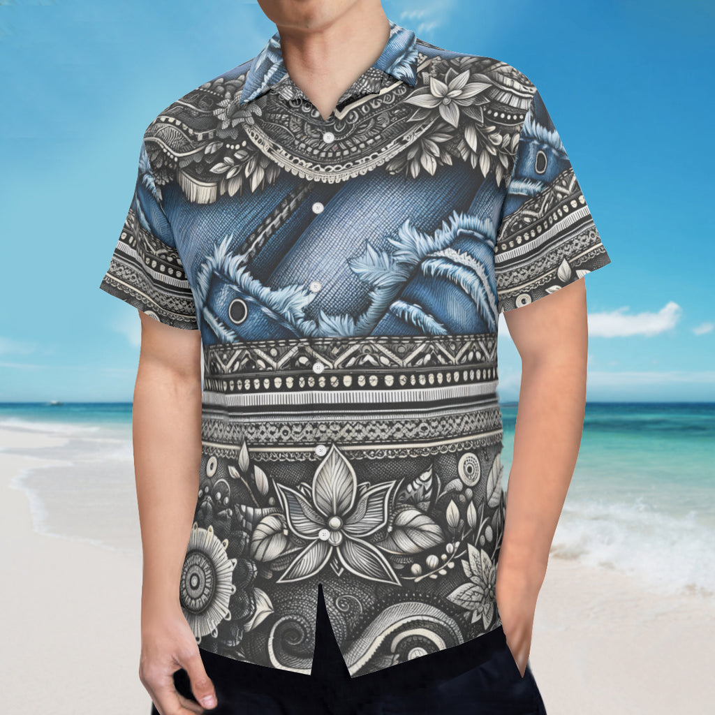Denim And Lace Design Short Sleeves Men's Shirt