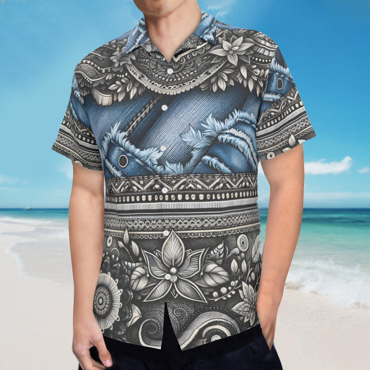 Denim And Lace Design Short Sleeves Men's Shirt