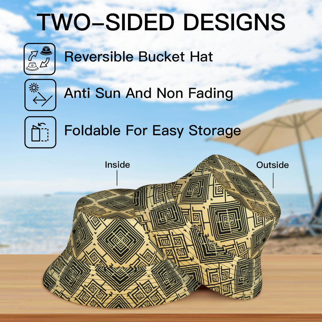 Golden Geometric Shapes Double-Sided Unisex Polyester Bucket Hat