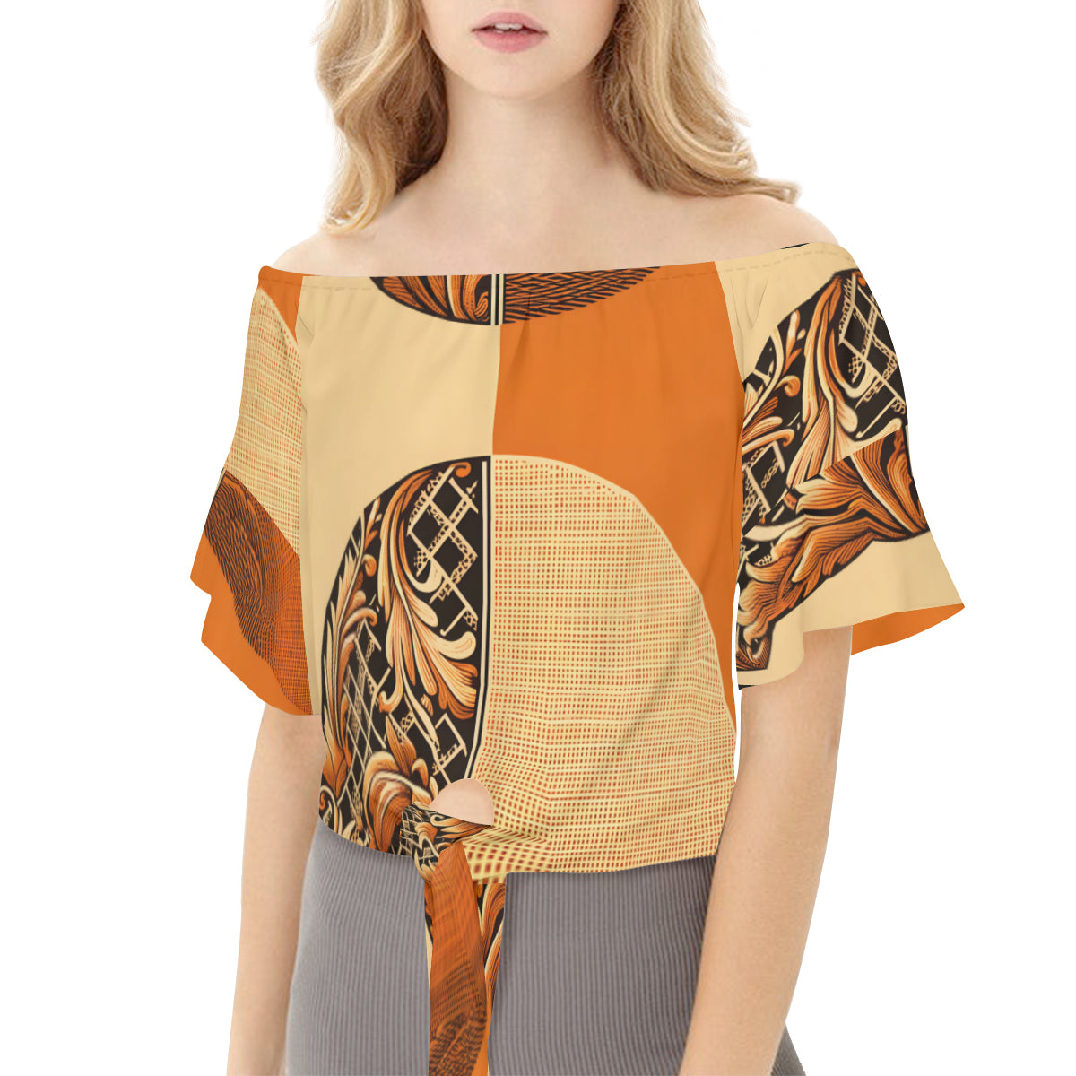 Orange Elegance One-Shoulder Tie Short Sleeves