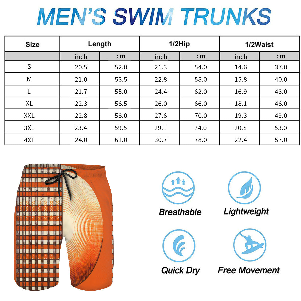 Orange Check Men's Beach Shorts (Not Mesh Lined) | Polyester