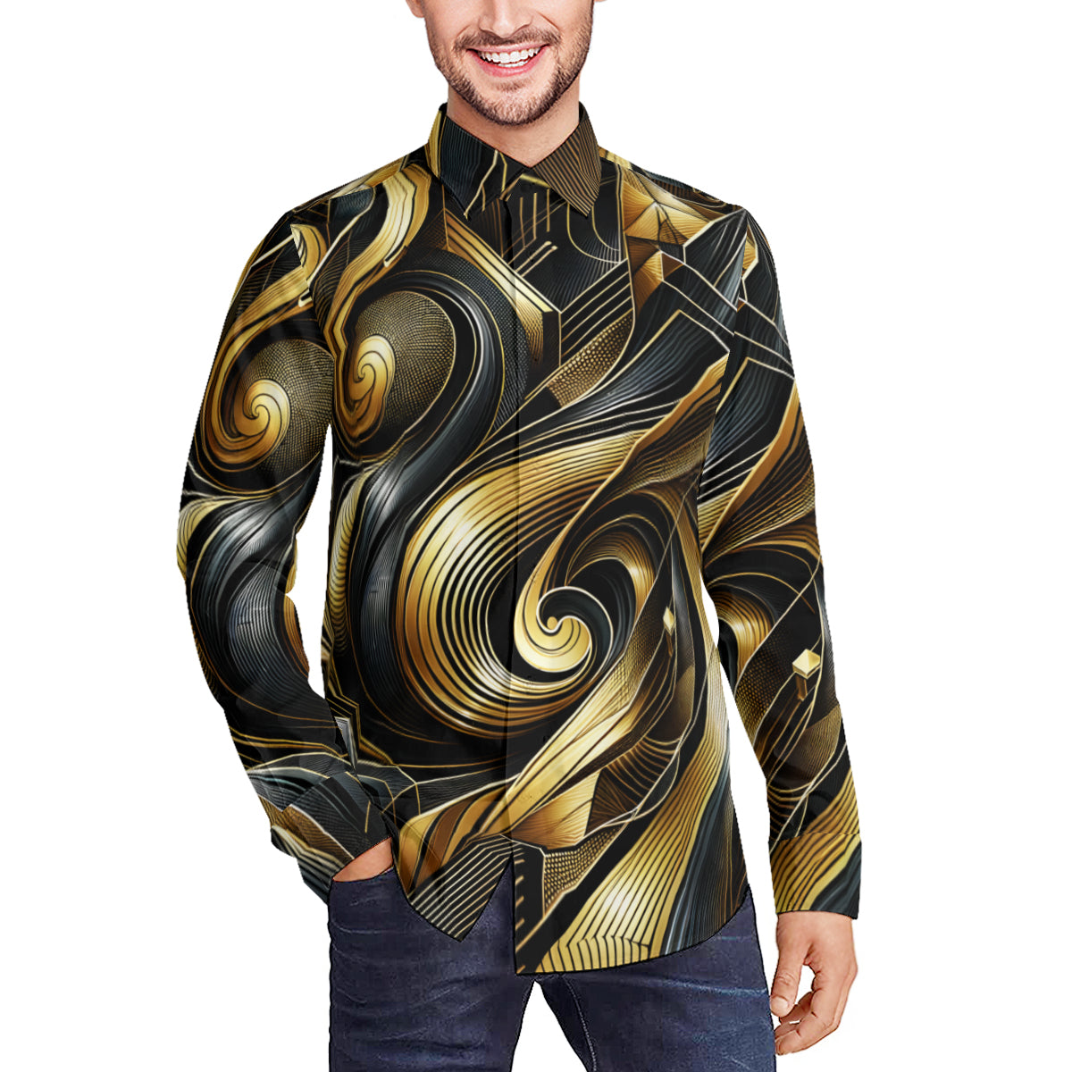 Golden Elegance Men's Classic Long-Sleeved Shirt | Polyester