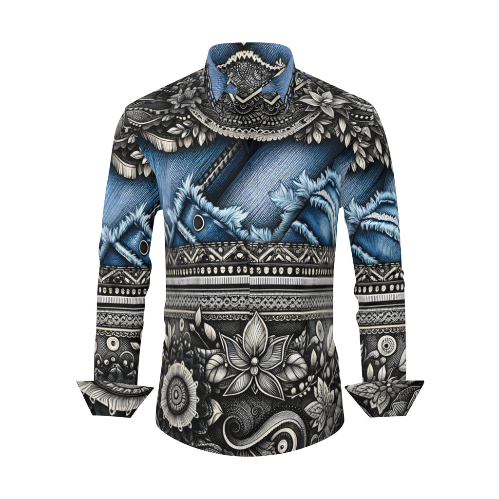 Denim And Lace Design Long Sleeves Men's Shirt