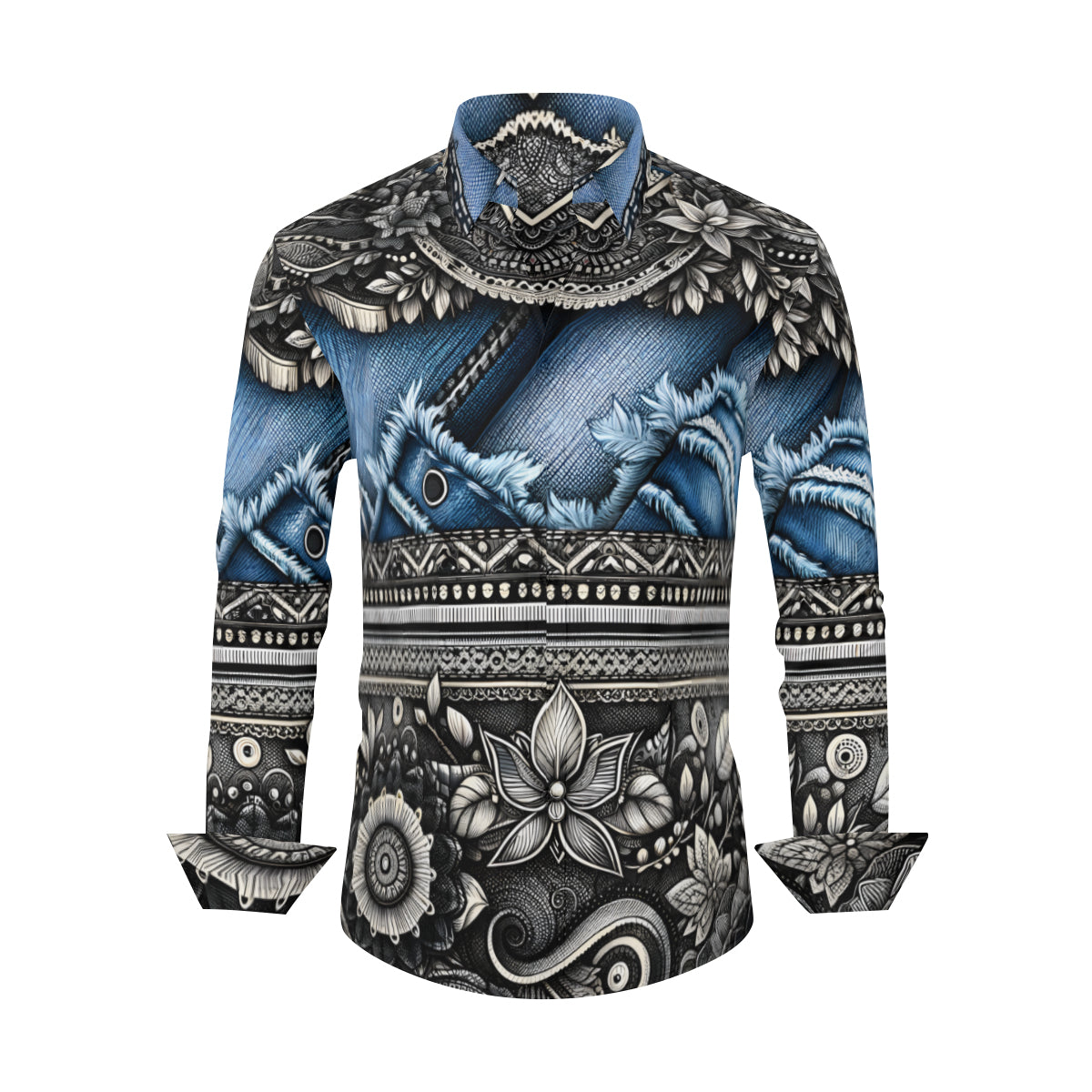 Denim And Lace Design Long Sleeves Men's Shirt