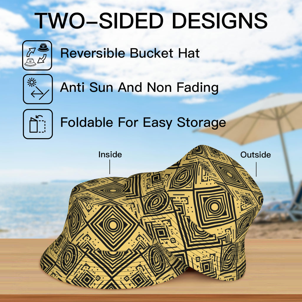 Golden Geometric Shapes Double-Sided Unisex Polyester Bucket Hat