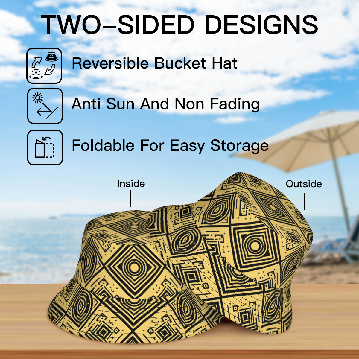Golden Geometric Shapes Double-Sided Unisex Polyester Bucket Hat