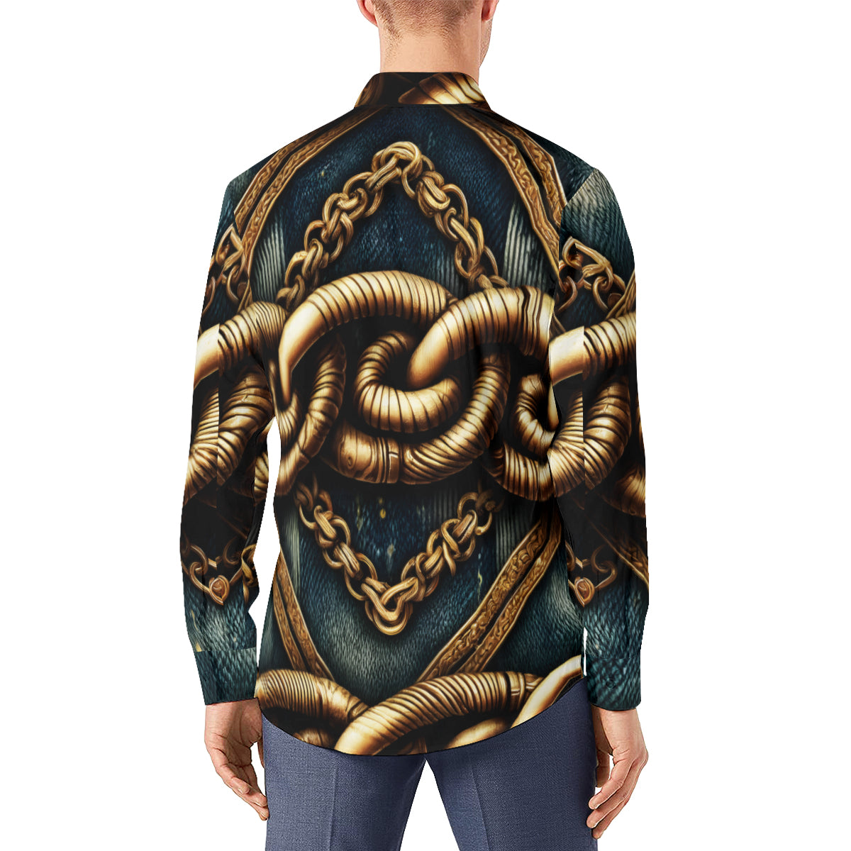 Textured Denim With Rusty Gold Chains Design Long Short Sleeves Men's Shirt