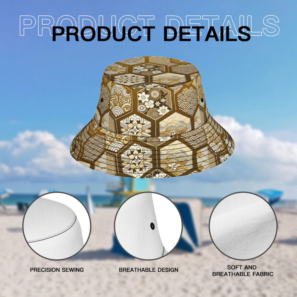 Golden Geometric Shapes Double-Sided Unisex Polyester Bucket Hat