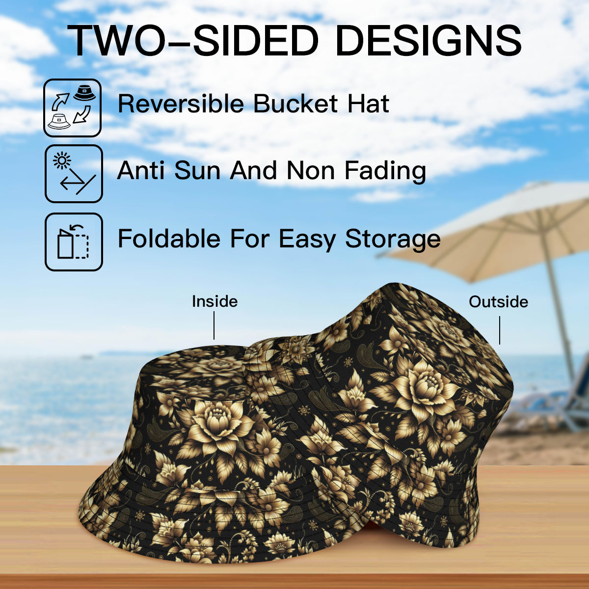 Gold Flowers Double-Sided Unisex Polyester Bucket Hat